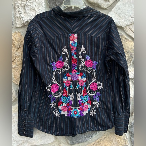 Panhandle Slim Tops - Panhandle Slim Womens Pearl Snap Western Shirt Sz L Embroidered Musician Rodeo